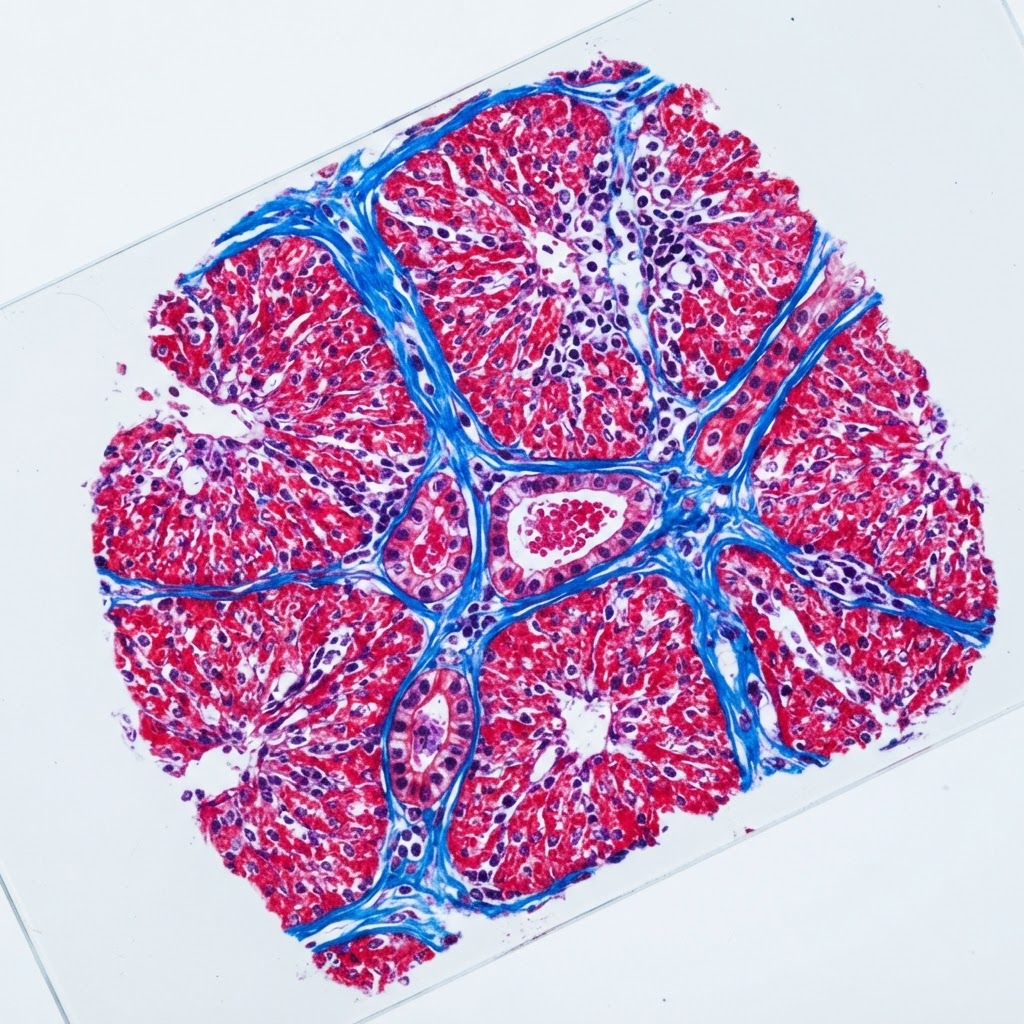Histochemical special stain tissue section under microscope