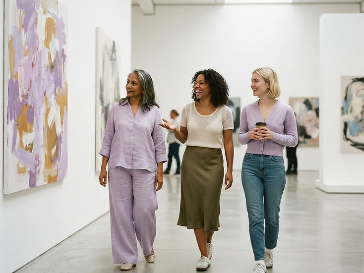 Friends walking together through a bright art gallery