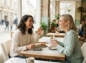 Two people sharing coffee in a bright cafe