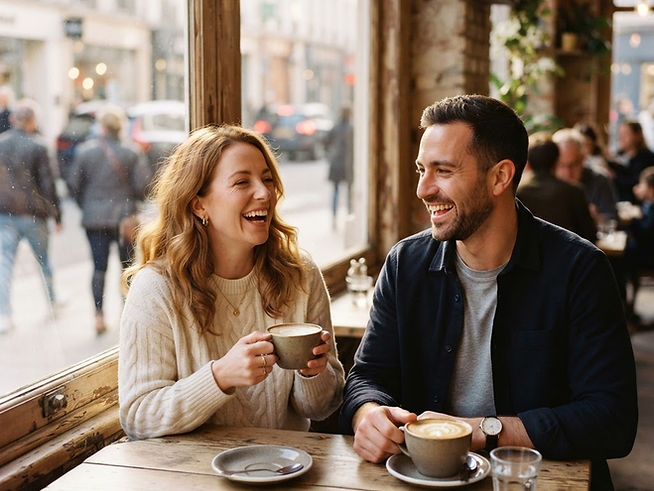 Two friends enjoying coffee together at a sunlit cafe