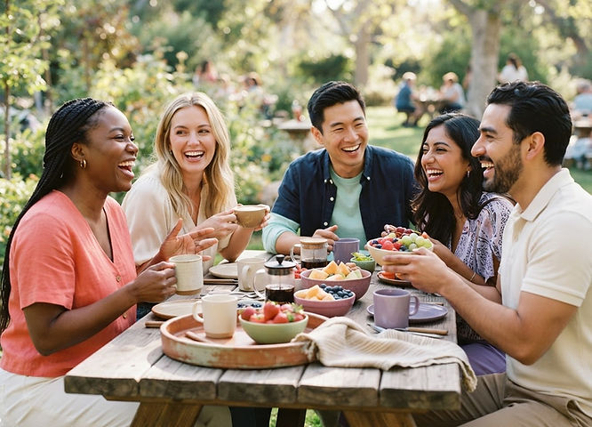 Friends talking around a sunlit picnic table