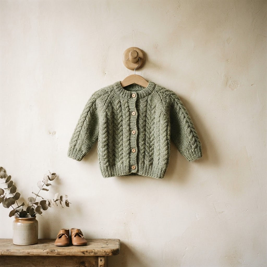 Sage knit cardigan hanging on a wooden peg