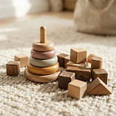 Wooden stacking rings on a wool rug