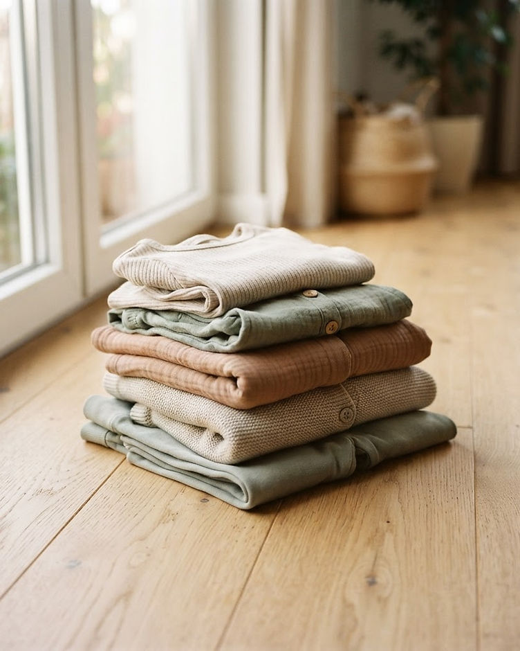 Folded children's linen clothing in soft natural tones