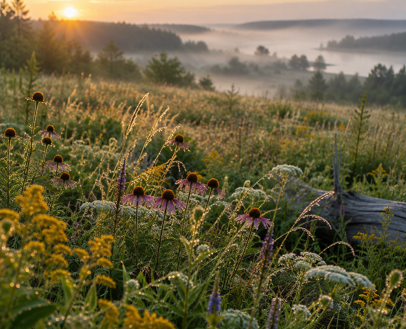Sunlit meadow of Michigan herbs at dawn
