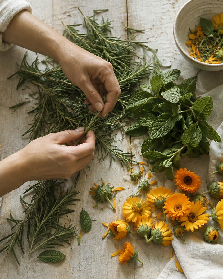 Hands sorting fresh herbs on a sunlit wooden table