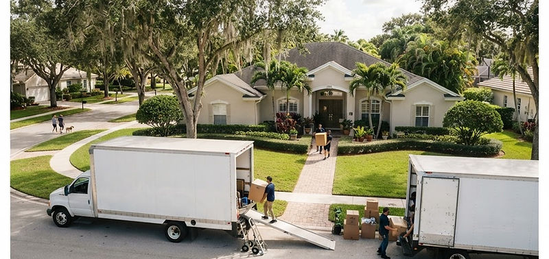 Two moving trucks parked on a wide street in front of a large Plantation home