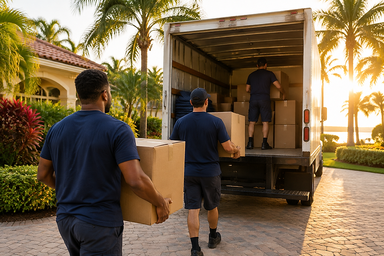 A uniformed moving crew loading boxes into a moving truck in a South Florida driveway