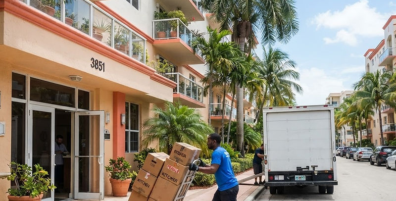 Mover with a hand truck of boxes entering a mid-size condo building in North Miami Beach