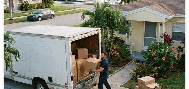 Mover loading boxes into a truck at a small home near a marina in Dania Beach