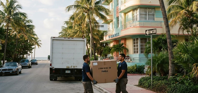 Movers carrying boxes past a pastel art-deco building on a South Beach street