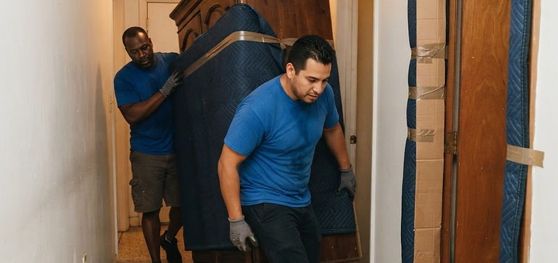Two movers maneuvering a large armoire through a narrow hallway in an older Pompano Beach home