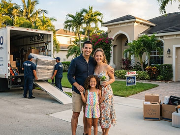 A happy smiling Latino Hispanic family of three in front of their new South Florida home while professional movers load furniture into a white moving truck