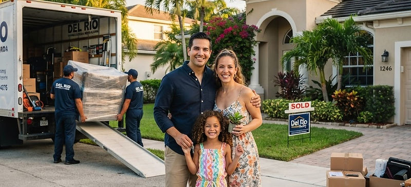 A happy smiling Latino Hispanic family of three in front of their new South Florida home while professional movers load furniture into a white moving truck