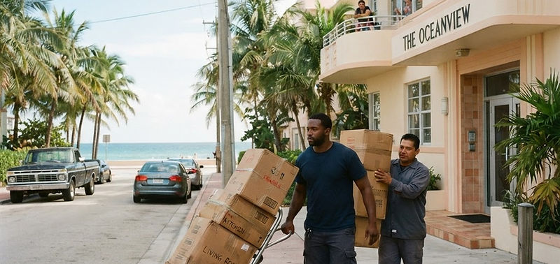 Moving crew with a hand truck in front of an art-deco beachside condo in Hollywood, Florida