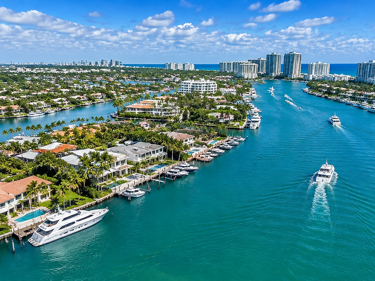 Aerial view of Fort Lauderdale waterways, waterfront homes and yachts