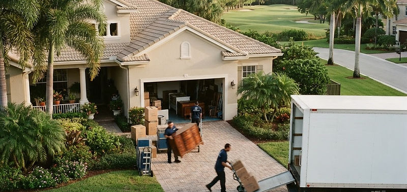 Movers loading a home in Weston, Florida with lush landscaping and a moving truck