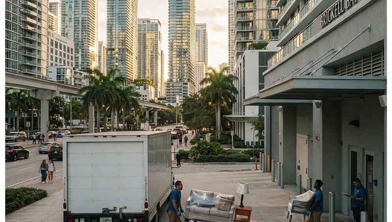 Moving truck at a high-rise loading dock between towers in Brickell, Downtown Miami