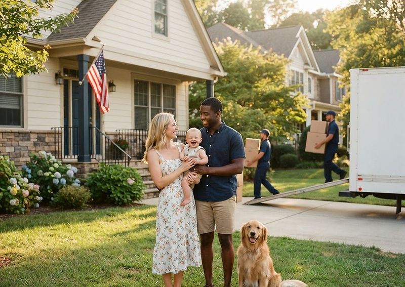 A young American family, a blonde mother and Black father holding their baby with their golden retriever, standing proudly in front of their new home as a moving truck unloads