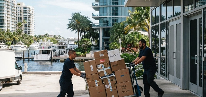 Movers with a cart at the loading dock of a glass high-rise in Aventura with marina views