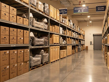 A clean secure climate-controlled storage warehouse in South Florida with rows of neatly organized labeled moving boxes and wrapped furniture on metal shelving