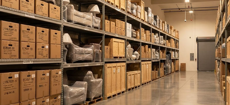A clean secure climate-controlled storage warehouse in South Florida with rows of neatly organized labeled moving boxes and wrapped furniture on metal shelving