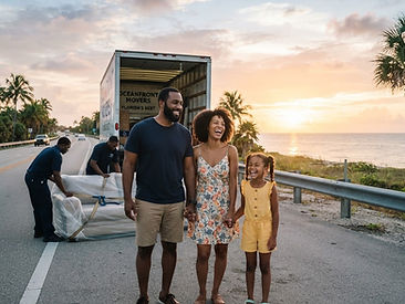 A happy smiling Black African American family of three beside a moving truck on a Florida highway at sunrise with movers securing their belongings