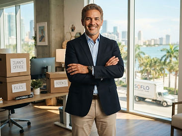 A confident smiling businessman standing proudly in his newly relocated South Florida office with labeled moving boxes and a moving truck visible outside