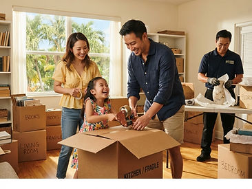 A happy smiling East Asian family of three packing boxes together in a bright South Florida living room while a mover wraps a vase