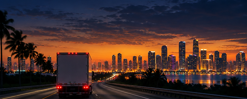 A moving truck on a Florida highway at dusk