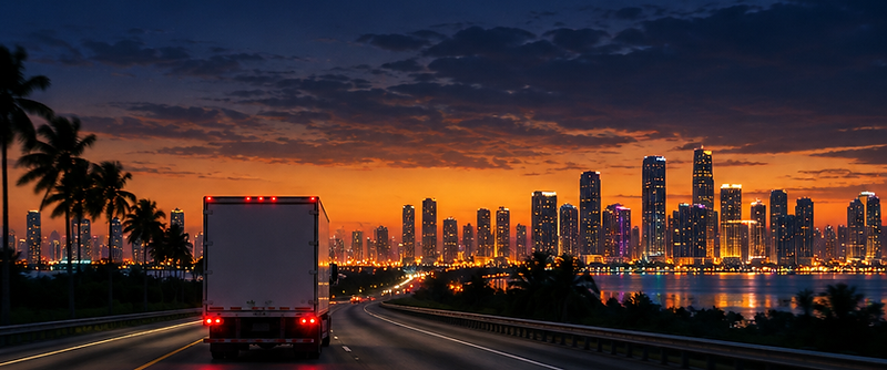 A moving truck on a Florida highway at dusk