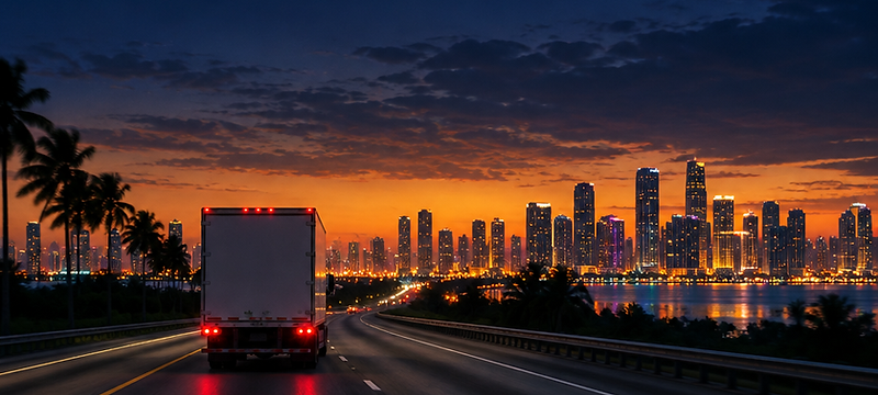 A moving truck on a Florida highway at dusk