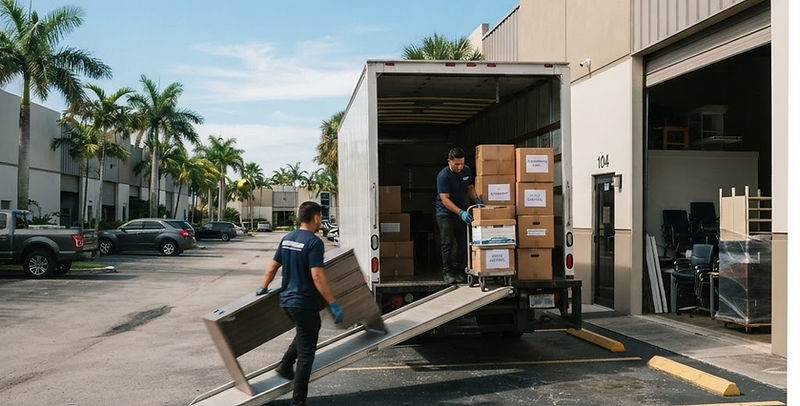 Movers loading office furniture and boxes outside a commercial warehouse in Doral