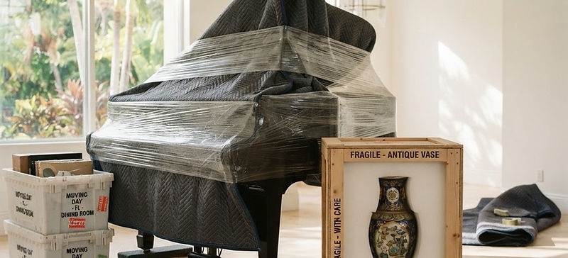 A grand piano wrapped in moving blankets and an ornate vase packed in a custom wooden crate with protective foam, ready for a specialty move