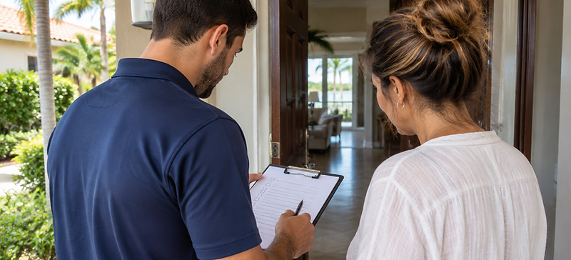 A moving consultant reviewing a written estimate with a customer