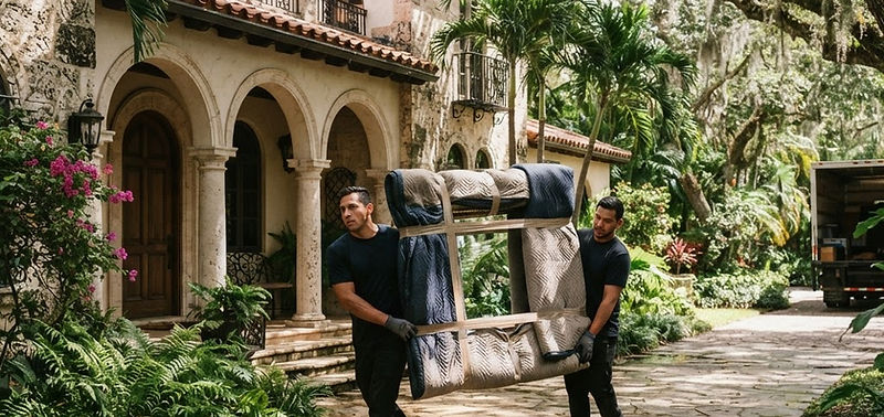 Movers carrying a wrapped mirror out of a Mediterranean-style home in Coral Gables under oak trees
