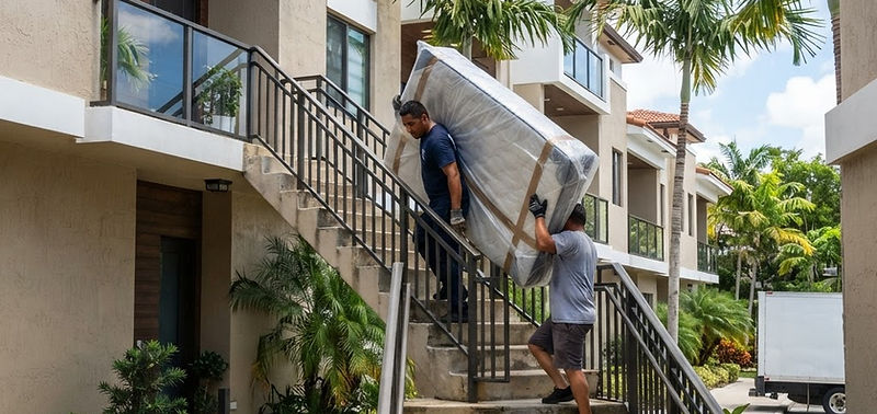 Movers carrying a mattress up an exterior staircase of a Miramar townhome
