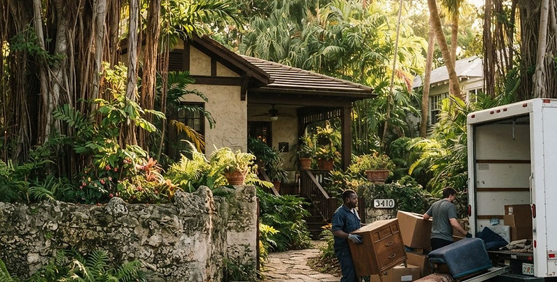 Movers unloading furniture in front of a historic Miami house surrounded by tropical foliage