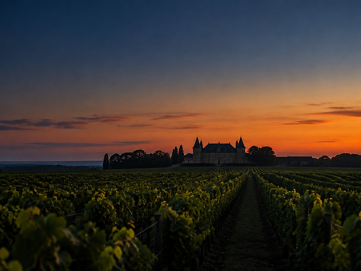Wijngaard met landhuis in Bordeaux bij schemerlicht