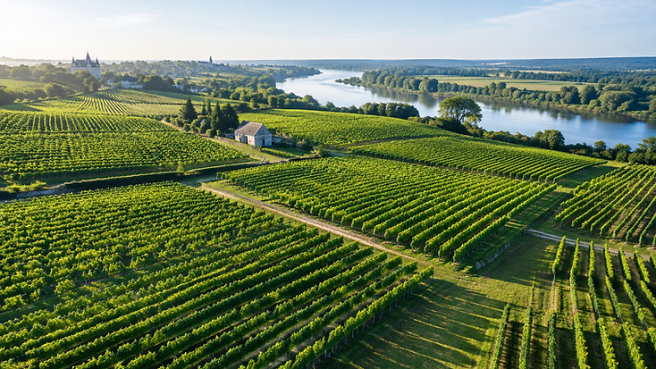 Luchtfoto van wijngaardrijen in de Loirevallei in ochtendlicht