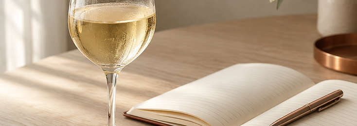 Glas witte wijn naast een opengeslagen notitieboek op een lichte houten tafel