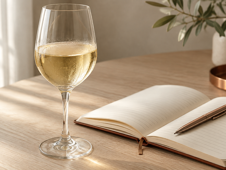 Glas witte wijn naast een opengeslagen notitieboek op een lichte houten tafel
