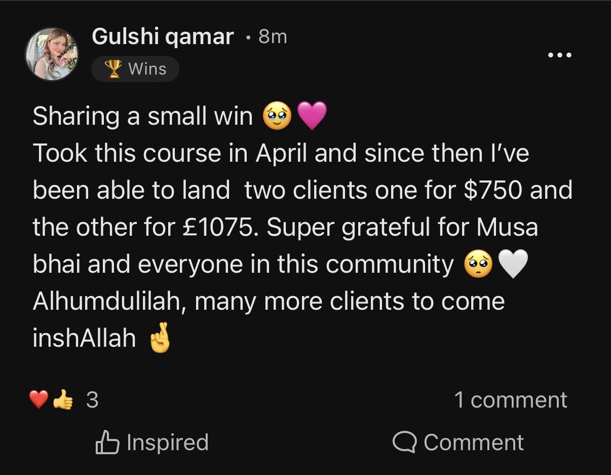 Gulshi Qamar — two clients closed at $750 and £1,075