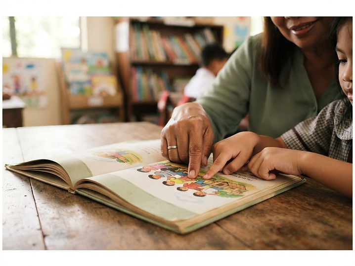 A teacher guiding a young child through a reading lesson at REPLAYS