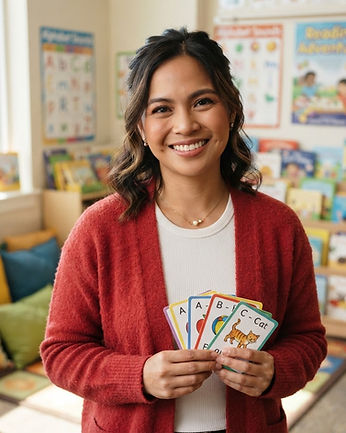Portrait of Teacher Grace holding phonics flashcards