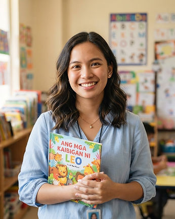 Portrait of Teacher Anna holding a picture book