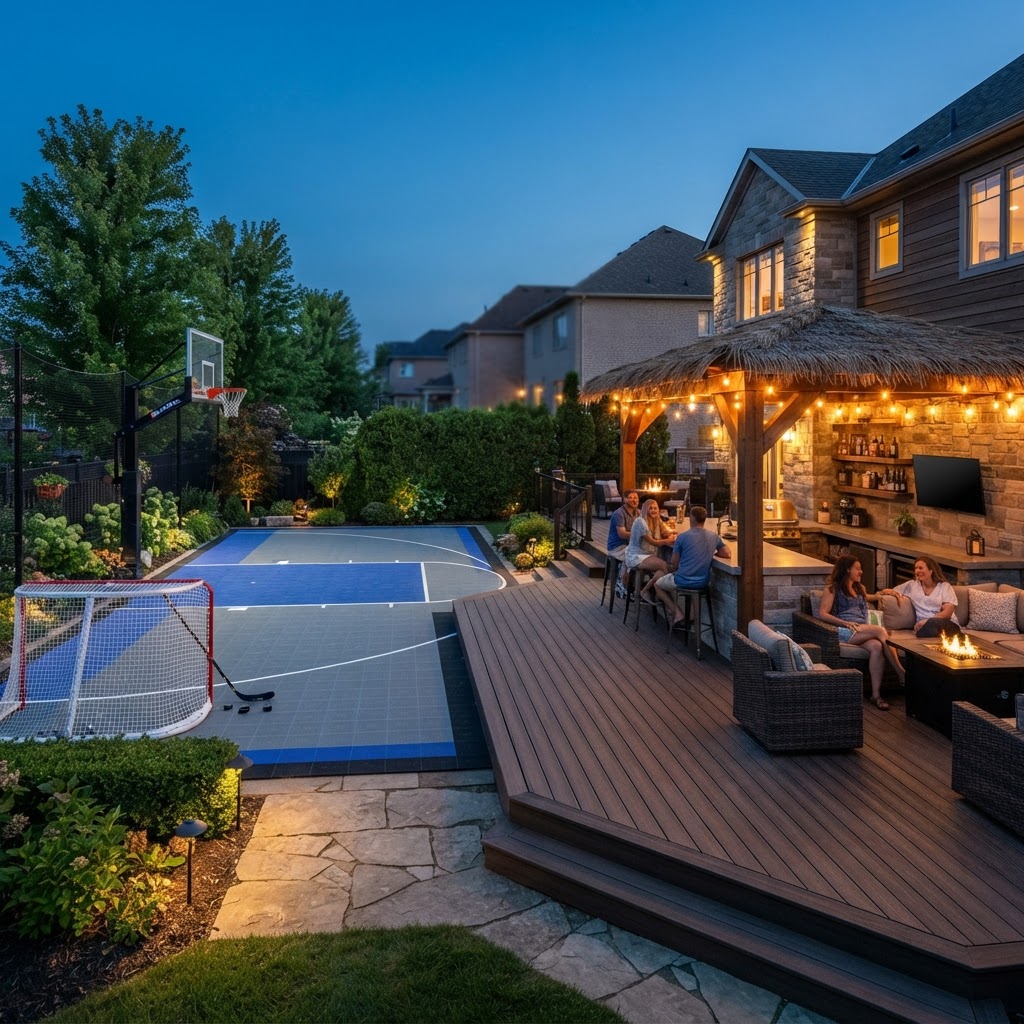 Ultimate Canadian sports backyard with multi-sport court, hockey net, basketball hoop and deck lounge with tiki bar by Summit Ridge