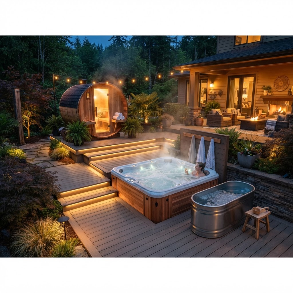 Fire and Ice outdoor recovery spa with glass-front sauna, two hot tubs and multi-level composite deck by Summit Ridge