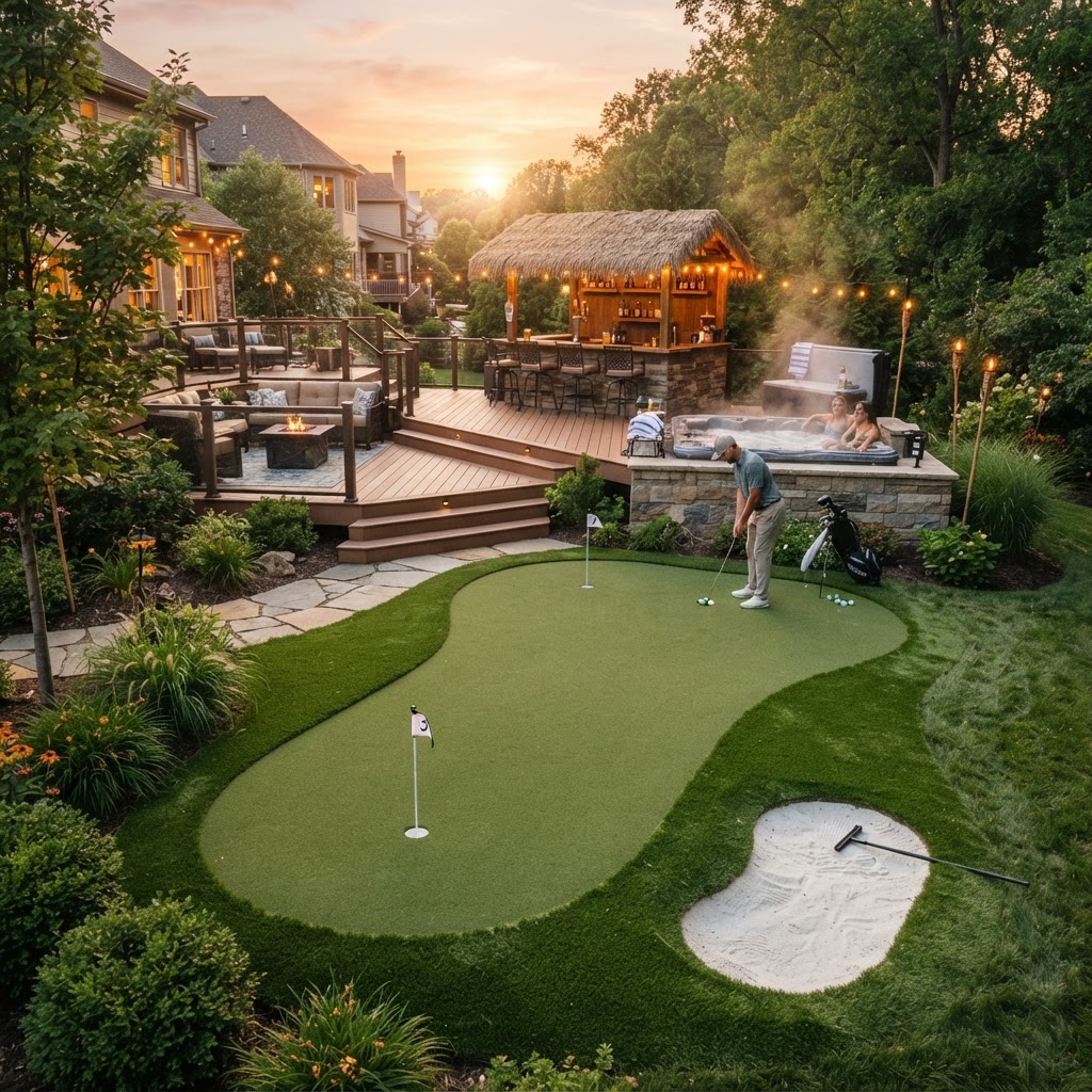 Turnkey backyard putting green, bunker, deck, tiki bar and hot tub combo by Summit Ridge