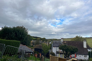 View over the rolling Lydden valley from the terrace of Lydden Bell Lodge in Kent